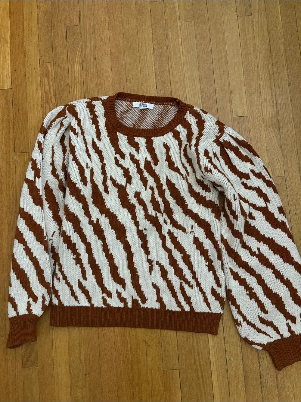 Steve Madden Cream and Brown Zebra-Pattern Crewneck Sweater